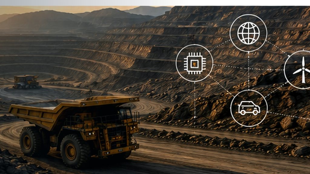 Mina de cobre a cielo abierto con camión de extracción e iconos de tecnología y energía usada como imagen referencial de Antofagasta Minerals