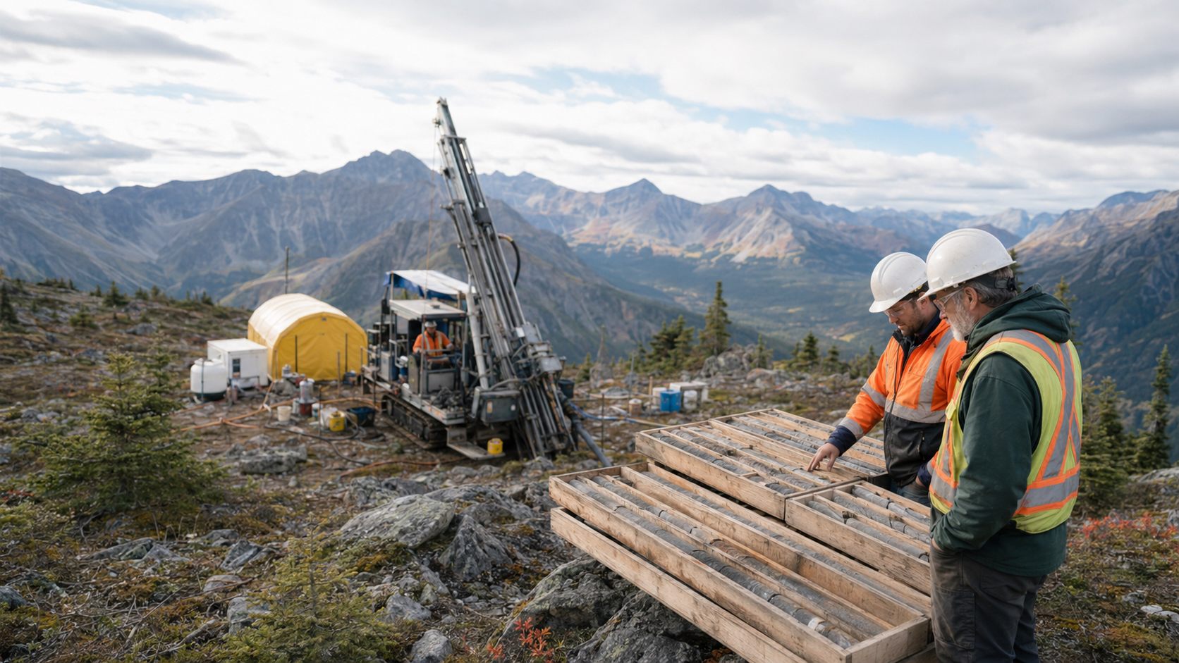 Perforación diamantina y geólogos revisando testigos en un proyecto de exploración minera.