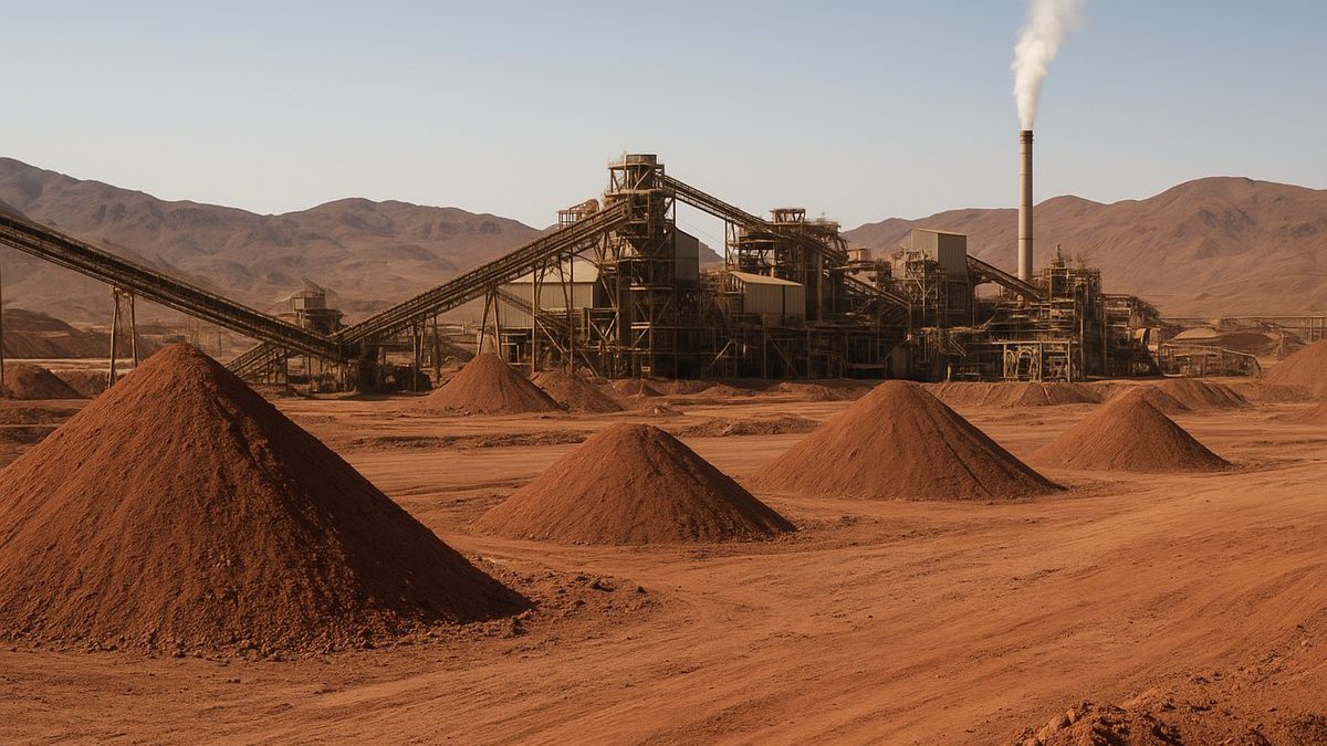 Operación minera de cobre con planta concentradora y pilas de mineral en paisaje desértico
