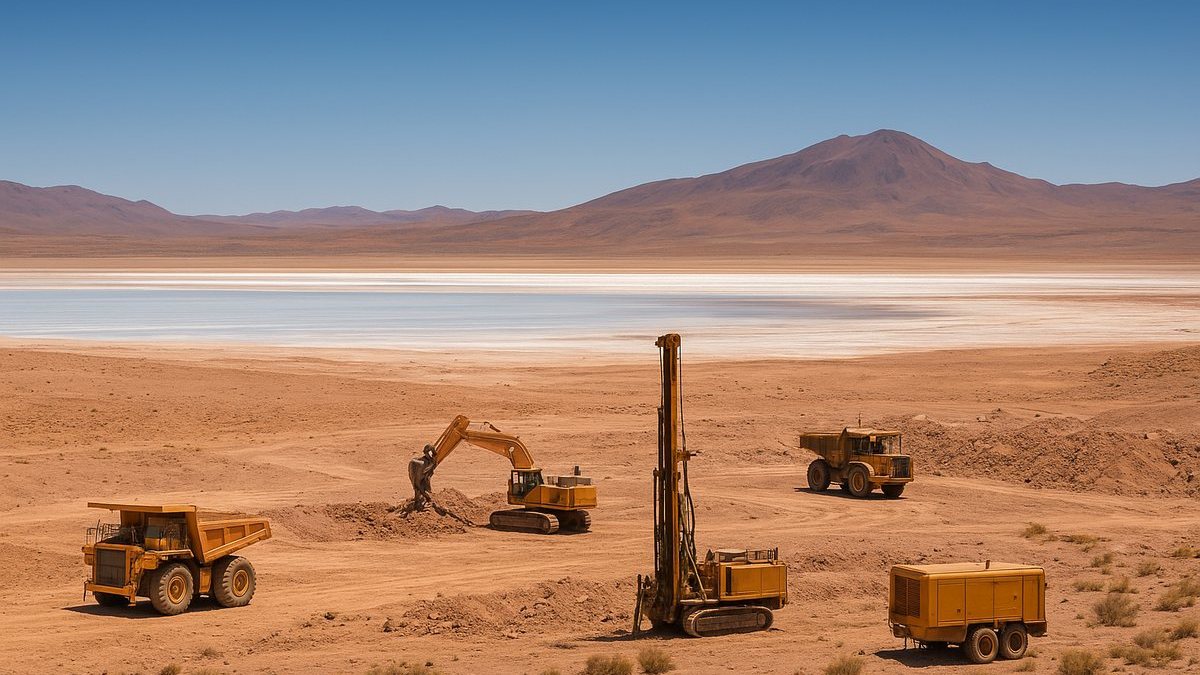 Paisaje de salar con obras de exploración minera genéricas sin personas