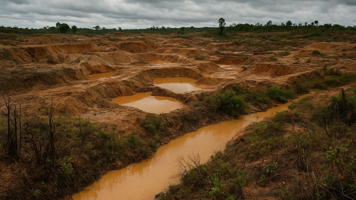 Paisaje degradado por minería ilegal con pequeñas excavaciones y agua turbia