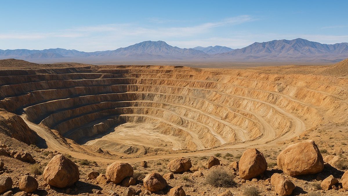 Paisaje desértico con tajo a cielo abierto e bancos rocosos en Nevada
