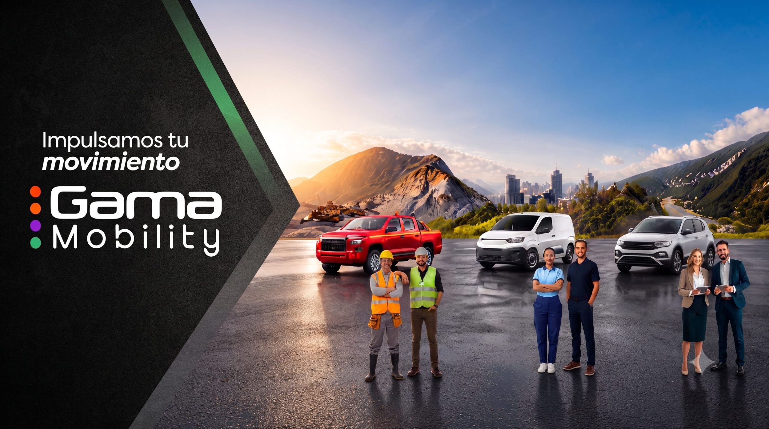 Banner publicitario de Gama Mobility con vehículos de flota (camioneta, furgoneta, SUV) y profesionales de diversos sectores (minería, servicios, ejecutivos) sobre un fondo de carretera, montaña y ciudad, con el logo y eslogan de la empresa.