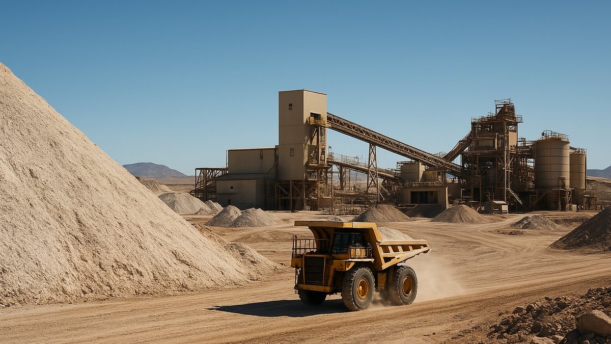 Operación minera de litio con pilas de mineral y edificios de procesamiento