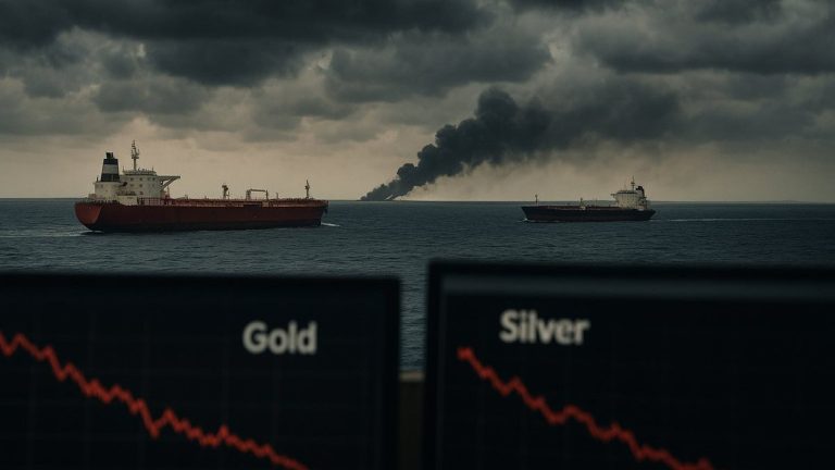 Petroleros en el Mar Rojo con pantallas de mercado mostrando caída de precios de oro y plata