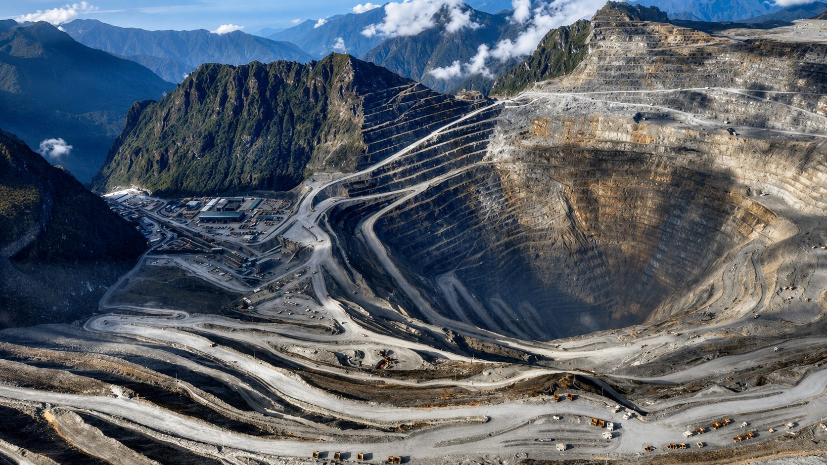 Vista aérea de la mina Grasberg de Freeport Indonesia en Papua