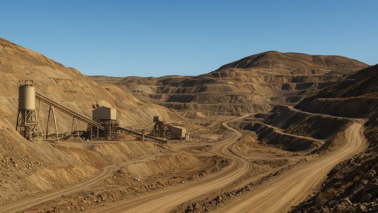 Vista aérea de la zona de la mina Minto con taludes y caminos mineros sin actividad operativa