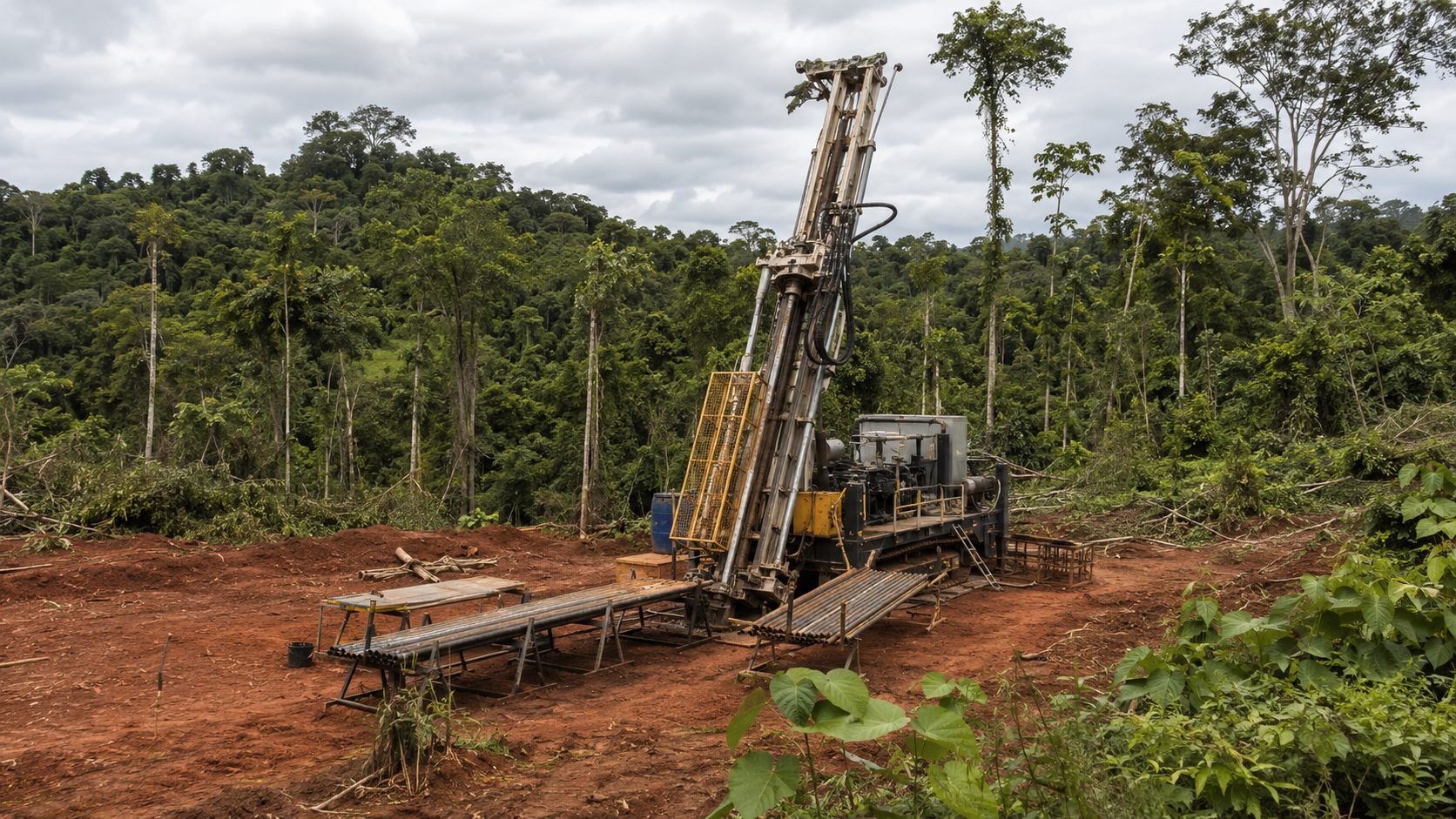 Equipo de perforación diamantina operando en el proyecto de oro Enchi de Newcore Gold, en Ghana.