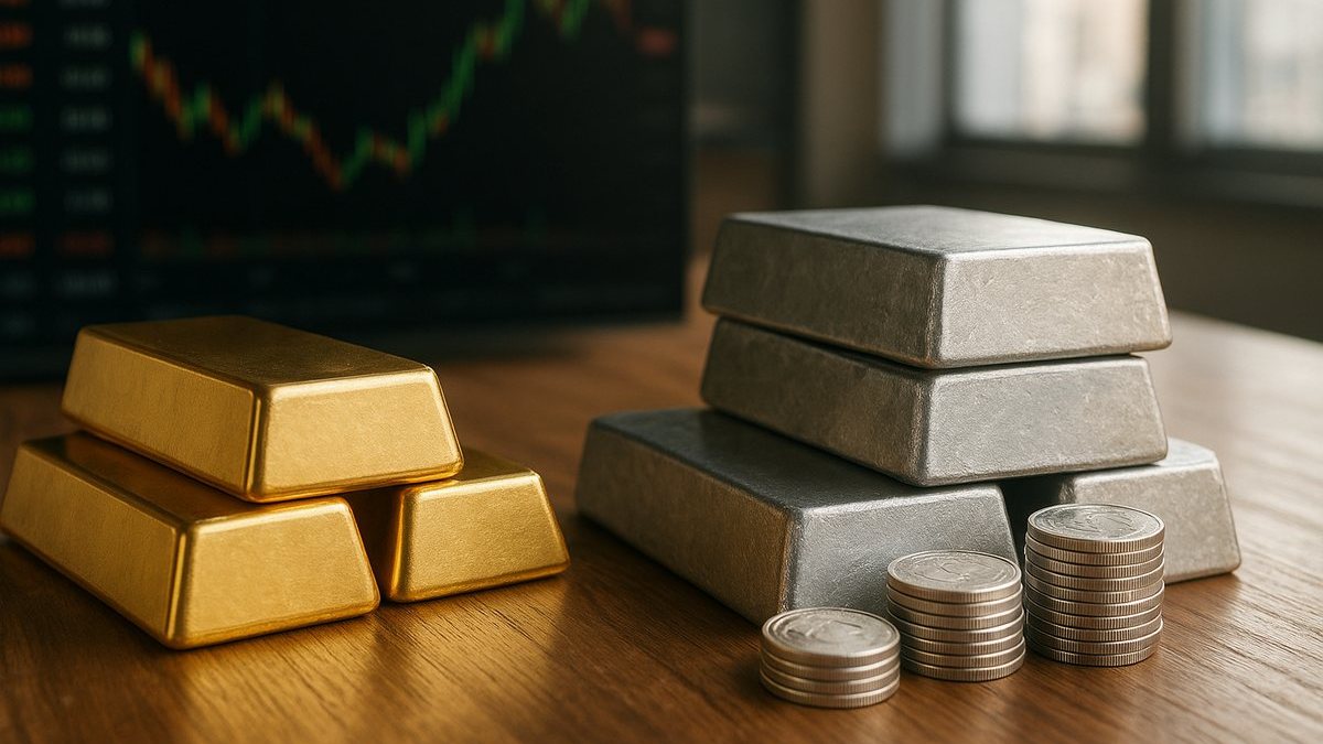 Lingotes de oro y plata apilados sobre una mesa en un entorno de mercado