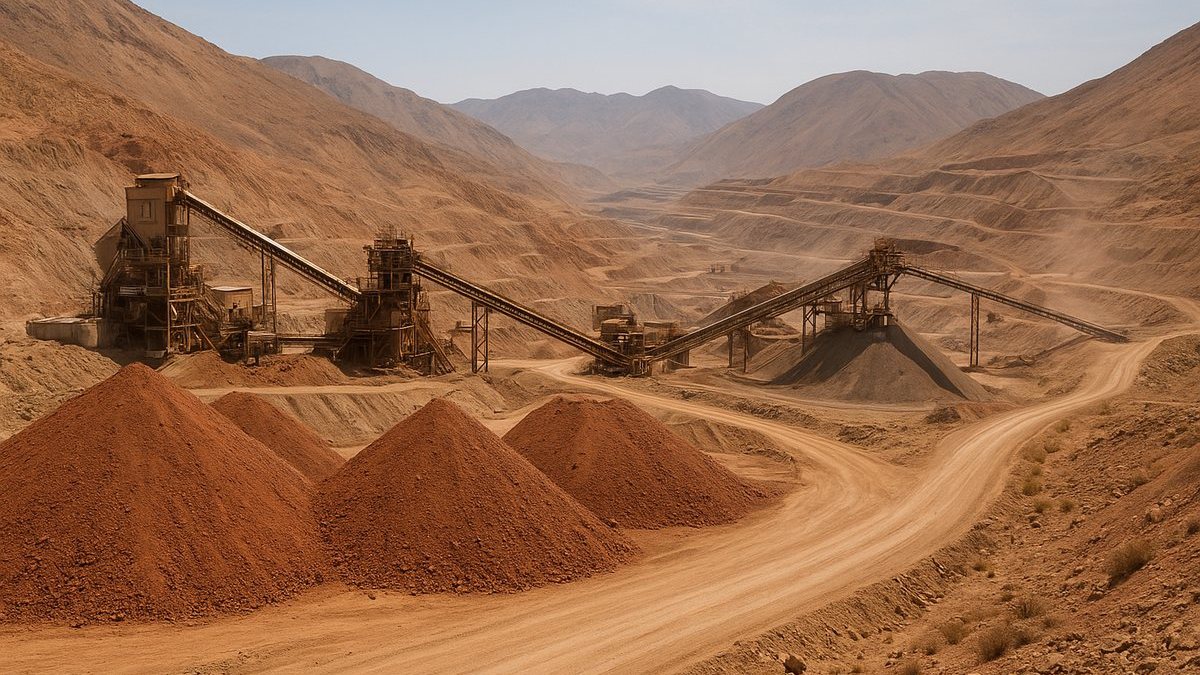 Operación minera de cobre con pilas de mineral y chancadores en paisaje árido