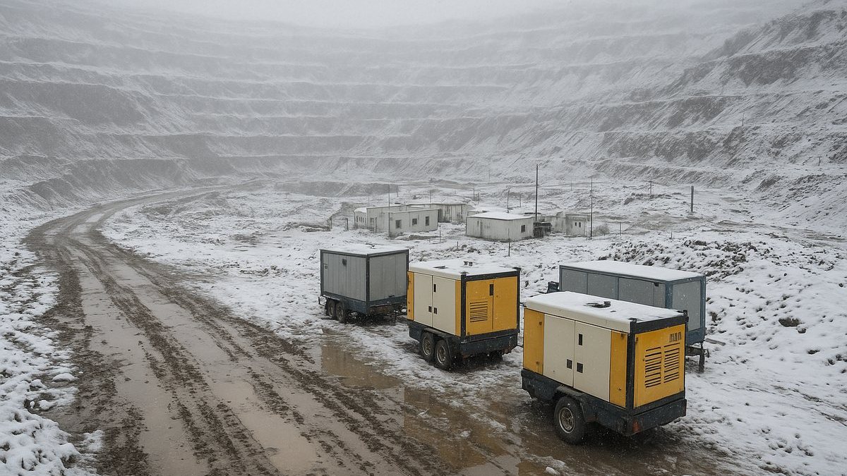 Mina a cielo abierto en Atacama con nieve y generadores de respaldo junto a la vía de acceso bloqueada