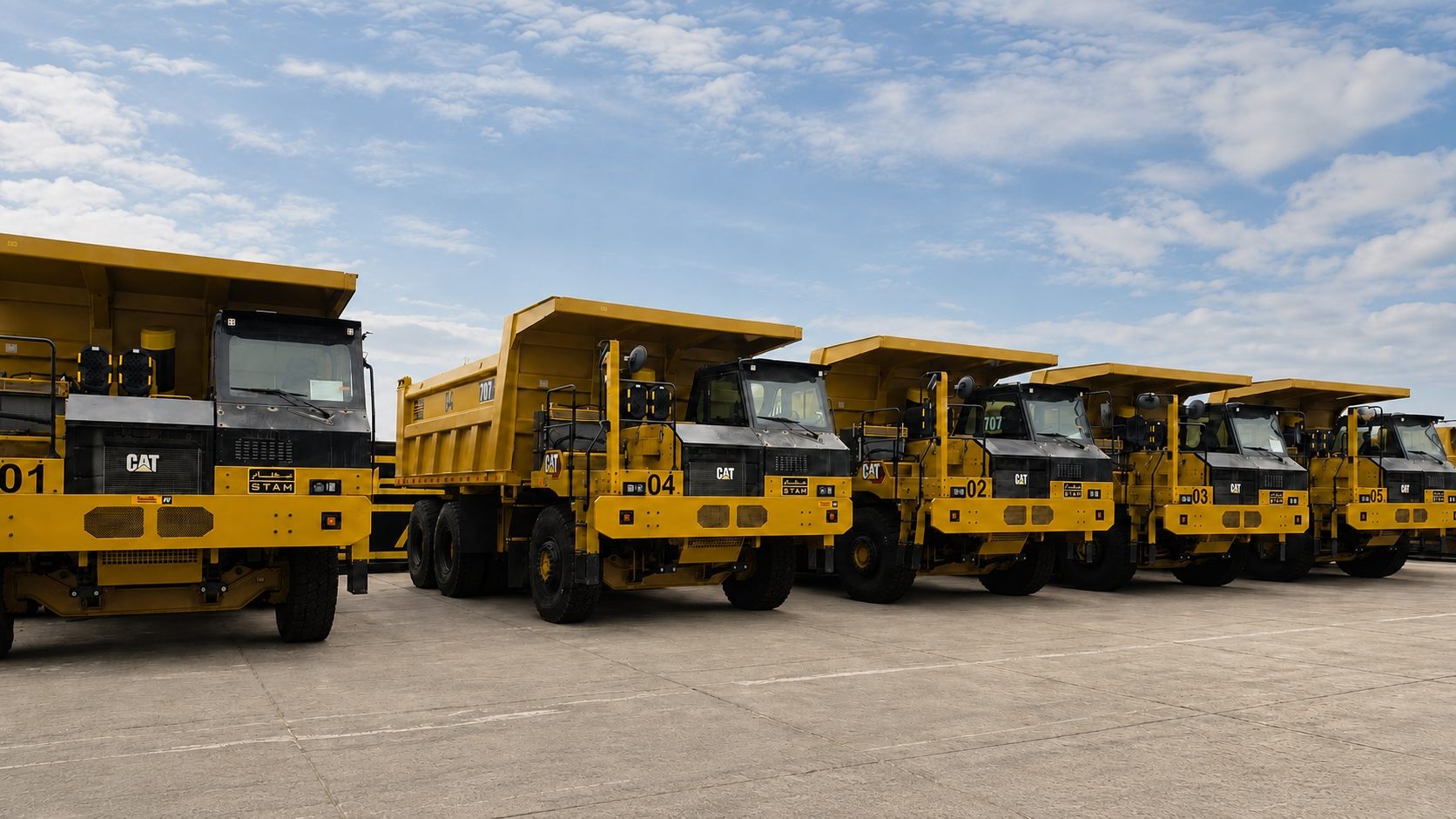 Flota de camiones Cat 707 entregada por Tractafric Equipment Maroc a STAM en Marruecos.