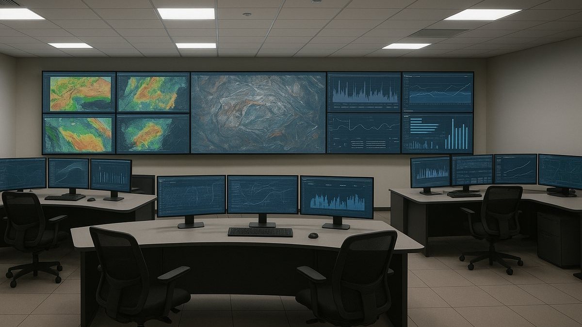 Centro de operaciones minero moderno con pantallas mostrando mapas y gráficos de datos