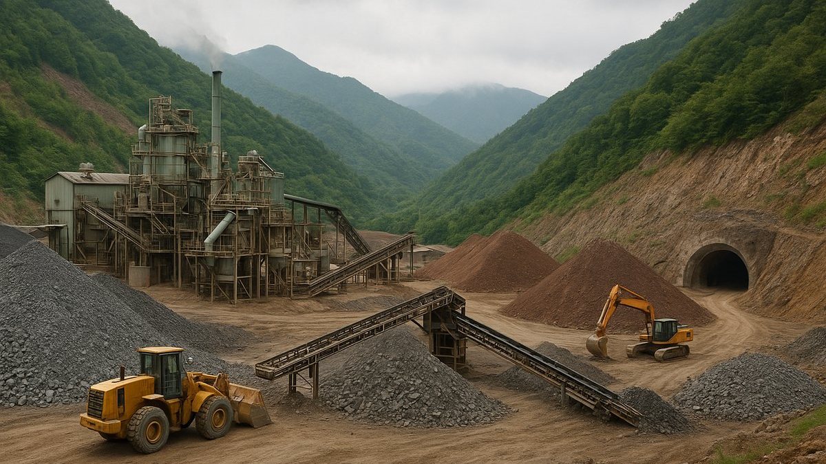 Planta de procesamiento de wolframio y acceso a mina subterránea en un entorno montañoso
