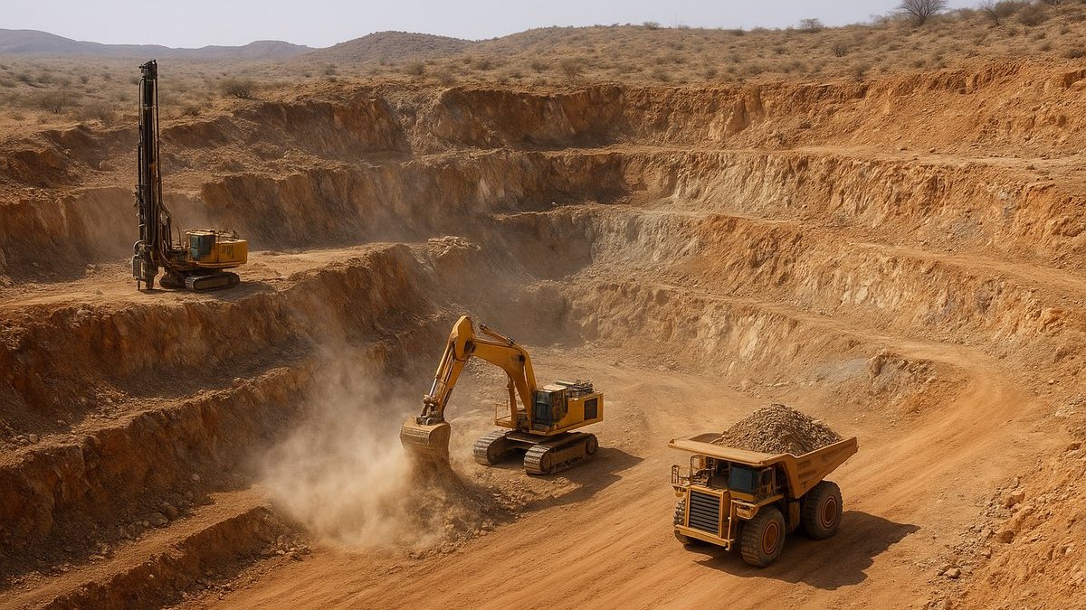 Tajo minero semidesértico con equipos de perforación y carguío tras una voladura controlada en Namibia