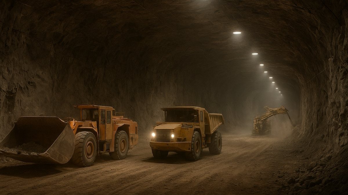 Cargador, camión y perforadora trabajando en una mina subterránea de roca dura