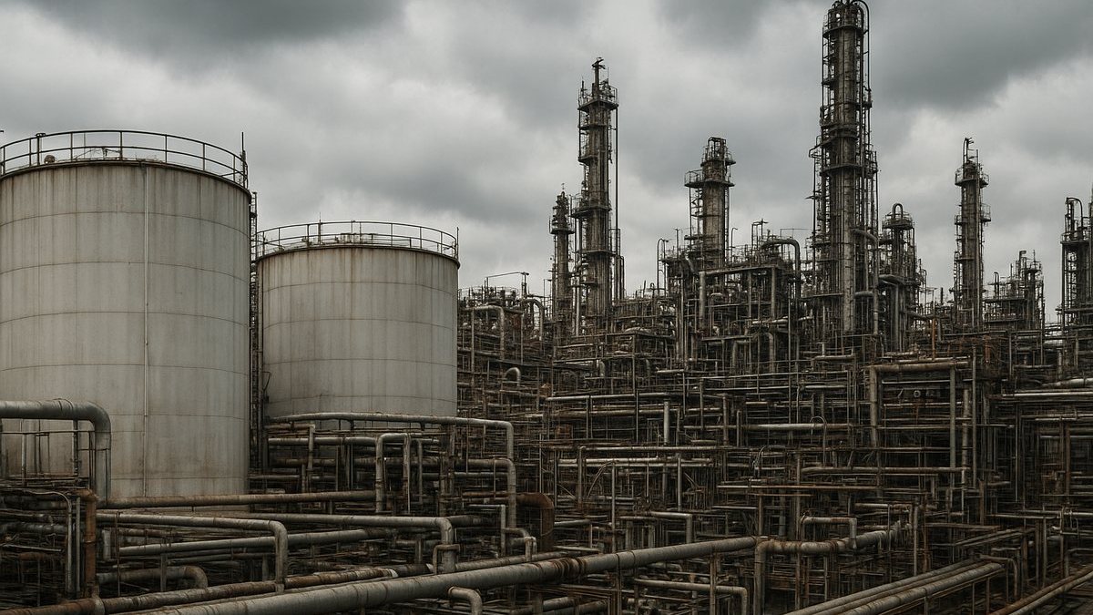 Refinería industrial de minerales con tanques y tuberías bajo cielo nublado.