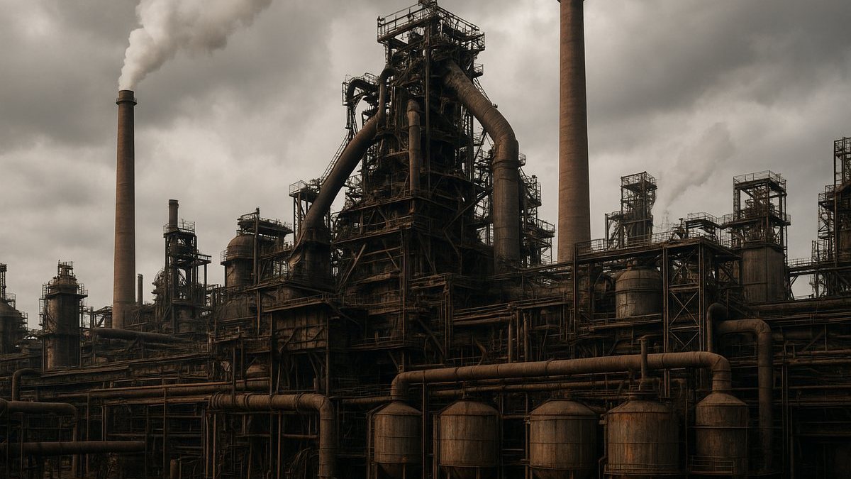Fundición industrial de cobre con chimeneas, tanques y estructuras de procesamiento