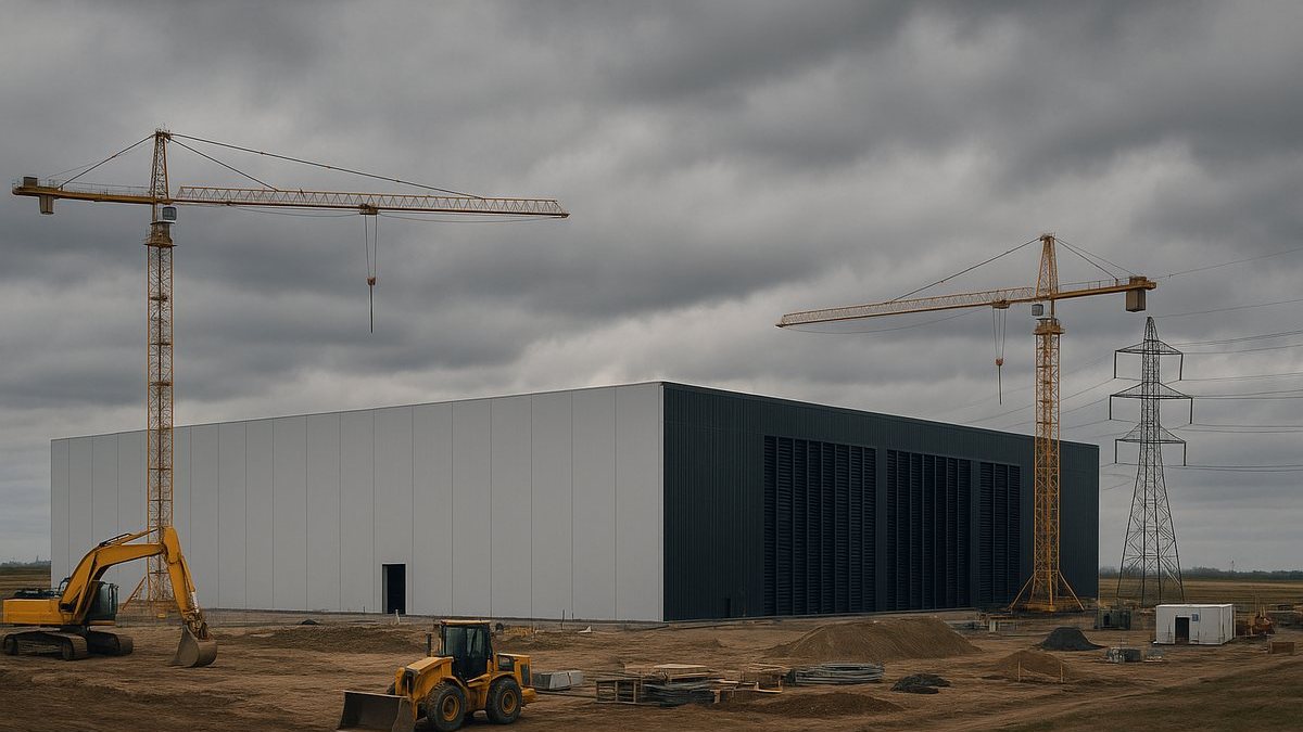 Centro de datos en construcción junto a líneas de transmisión eléctrica