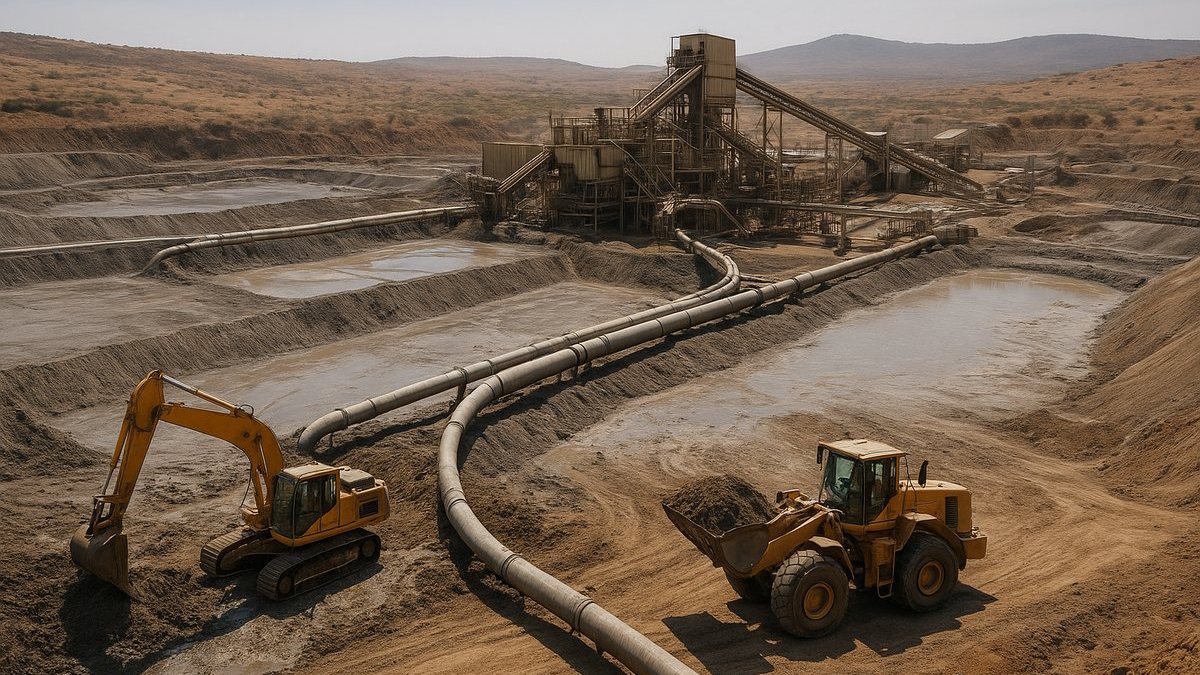 Operación de recuperación de oro desde relaves con planta de procesamiento y maquinaria pesada en Sudáfrica