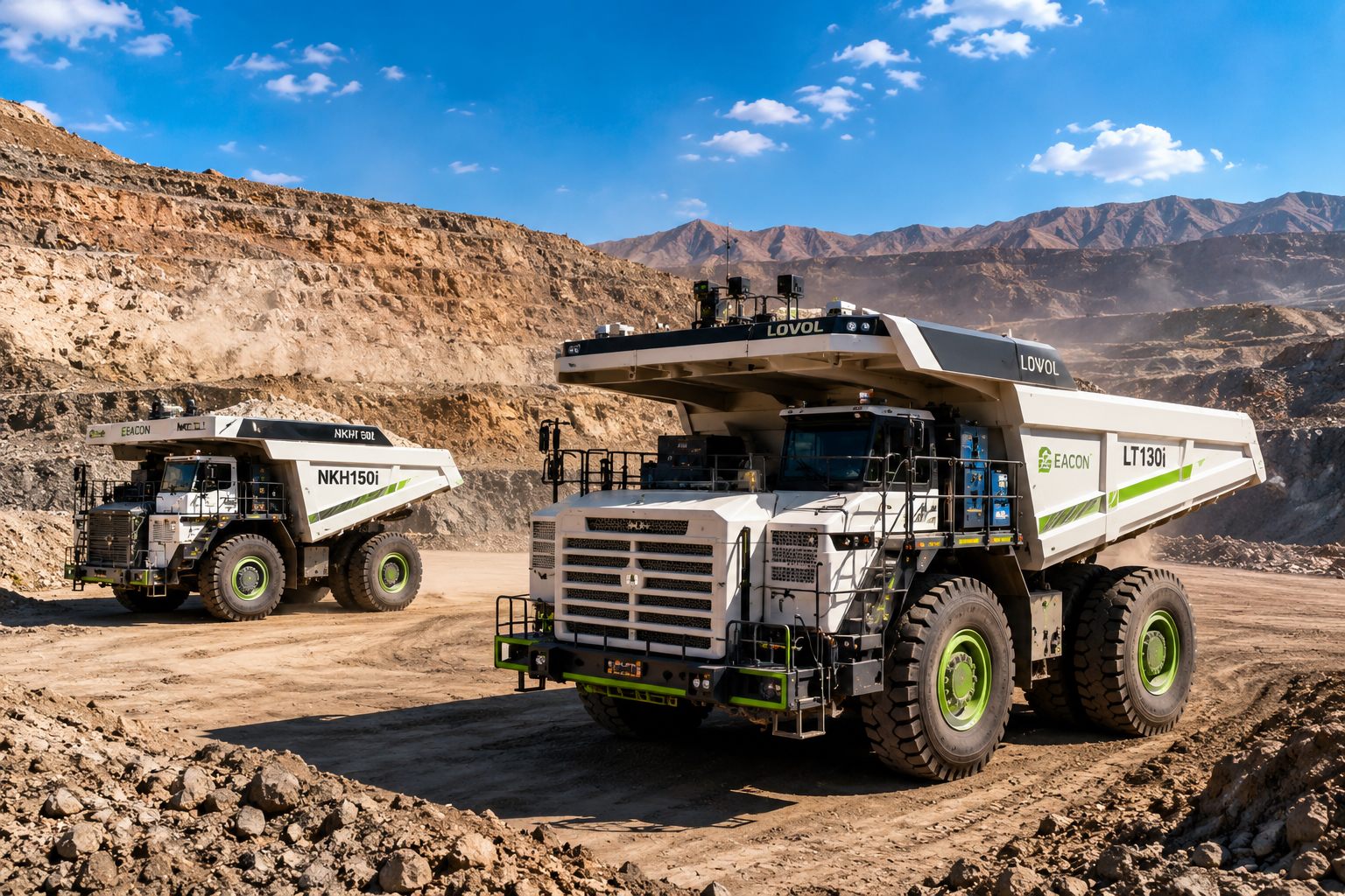 Flota de camiones mineros autónomos Lovol equipada con tecnología EACON en Xinjiang, China.