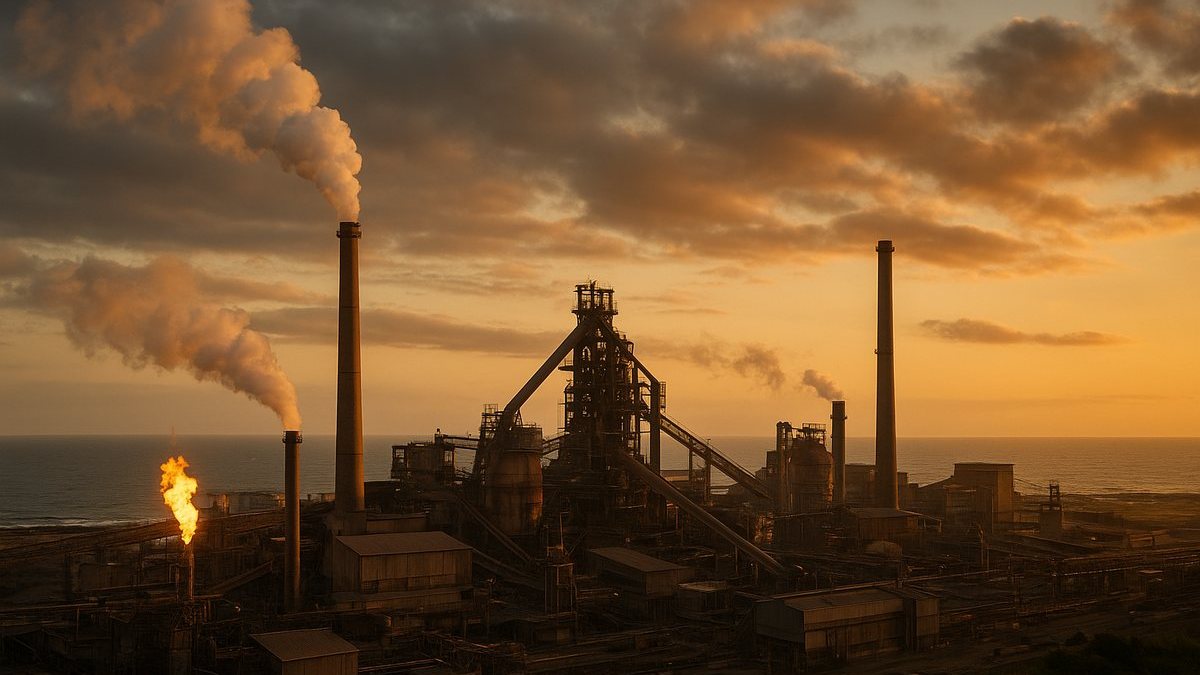 Planta industrial tipo fundición en zona costera, vista general al atardecer.
