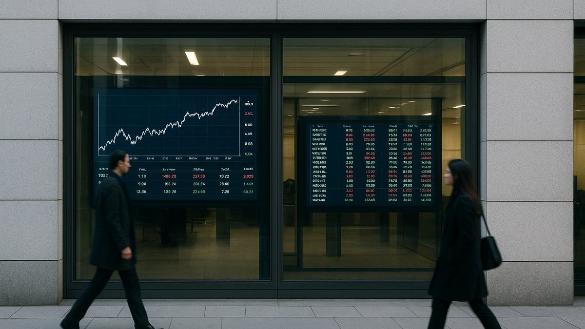 Fachada genérica de una bolsa de valores con pantallas financieras