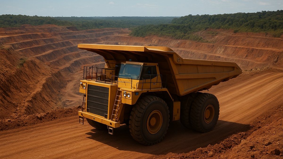 Camión minero ultra clase en una rampa de una mina de cobre a cielo abierto en Pará, Brasil