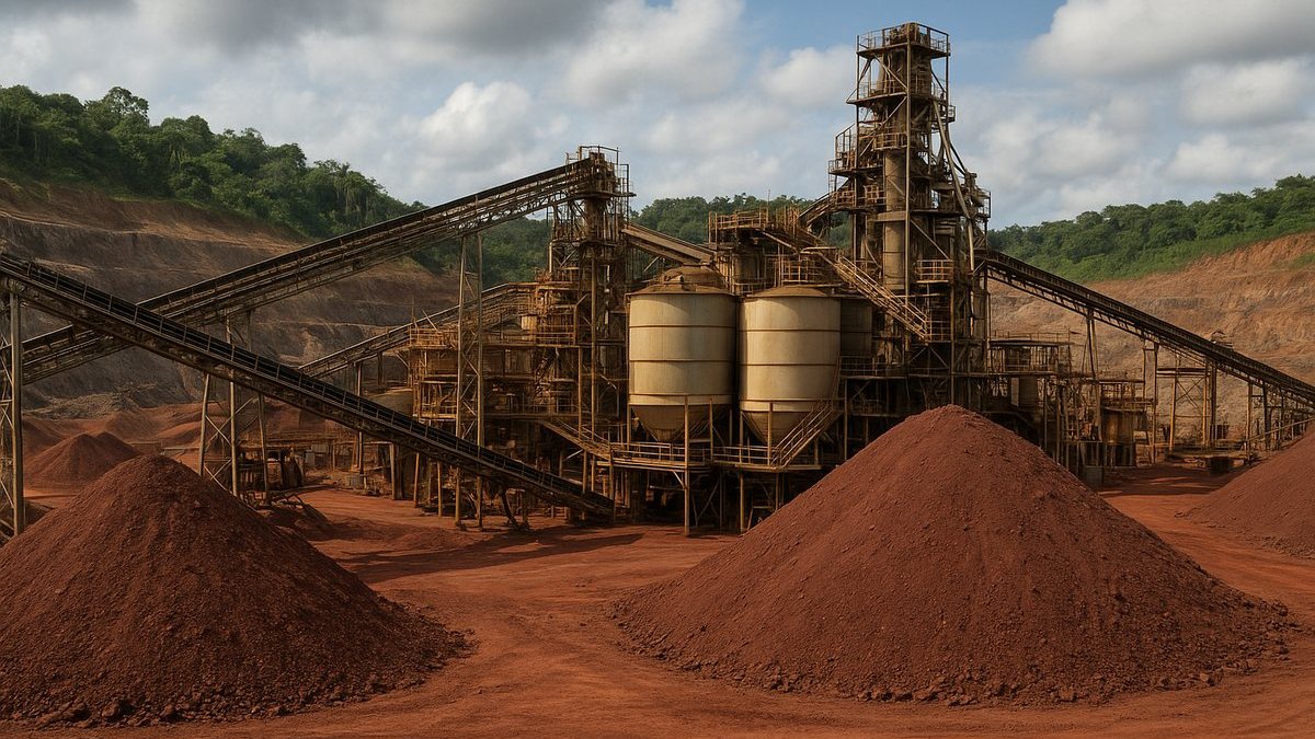 Vista aérea referencial de una planta minera y áreas de chancado y stockpiles en entorno semiárido.
