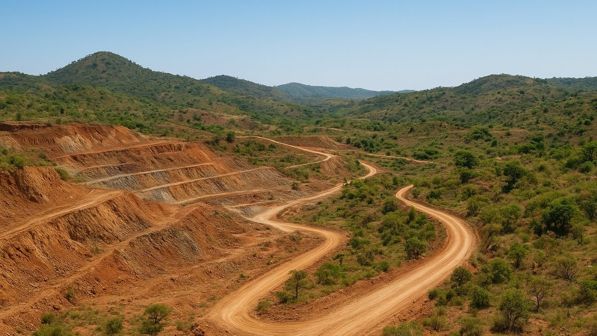 Paisaje de exploración minera en Tanzania con caminos y colinas