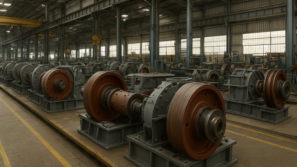 Línea de ensamblaje de una trituradora de rodillos de alta presión tipo HRC 8 en una planta industrial