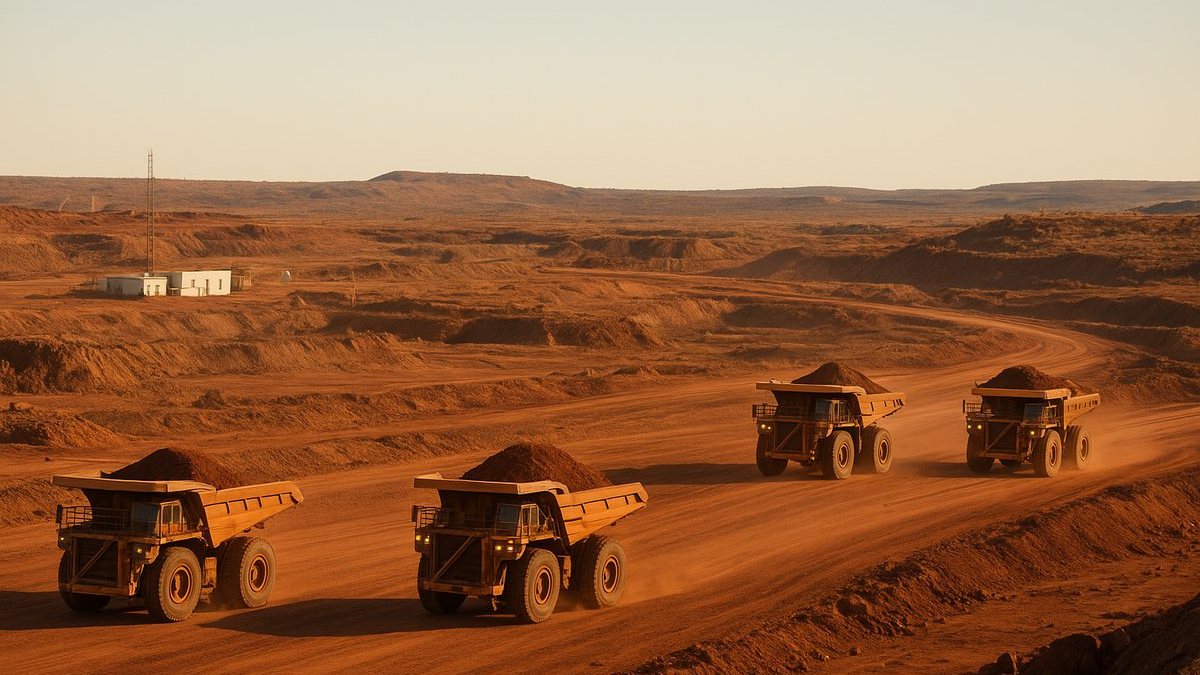 Camiones mineros autónomos operando en una mina a cielo abierto de Australia Occidental