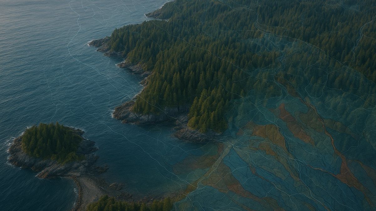 Vista aérea referencial del área del North Island Project con mapas geológicos superpuestos.