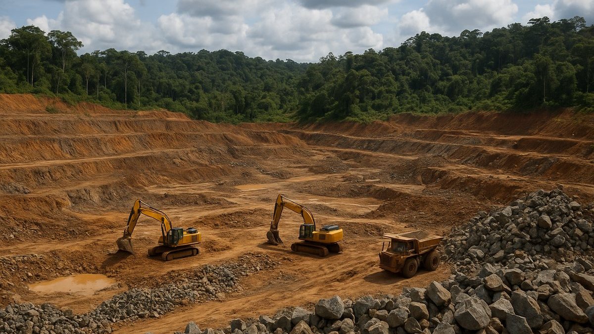 Imagen referencial generada mediante IA de una operación minera en Guyana relacionada con del proyecto Omai