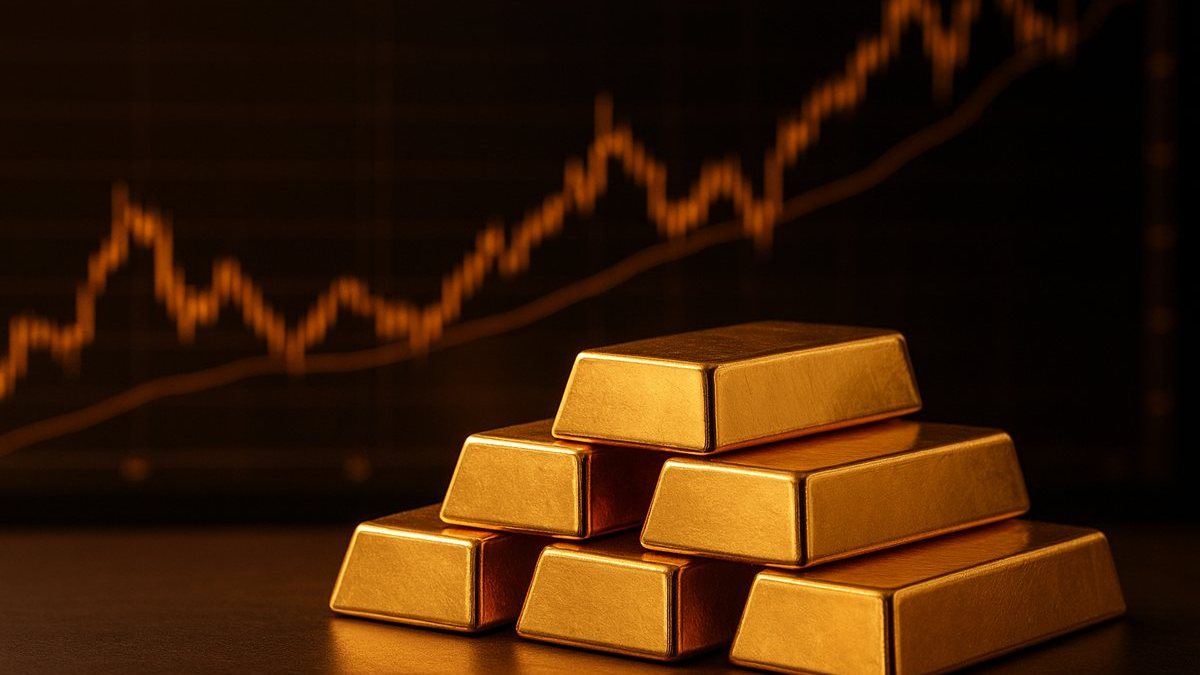 Lingotes de oro junto a gráficos financieros en pantalla