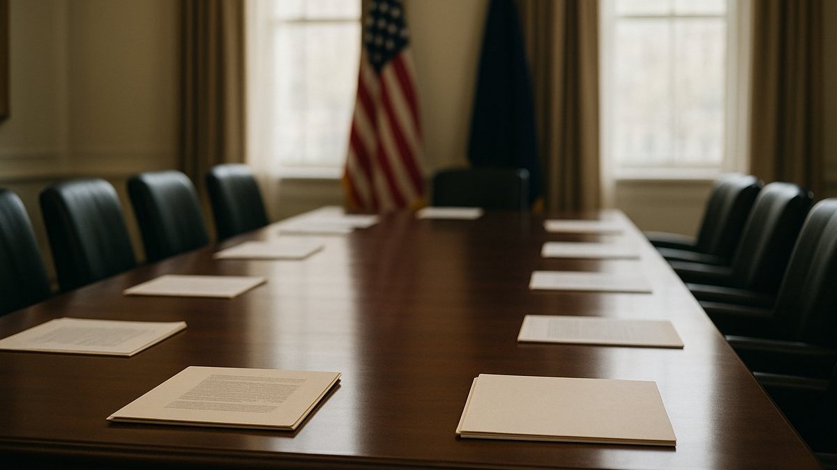 Sala de reuniones institucional en Washington D.C., documentos sobre mesa, banderas desenfocadas al fondo