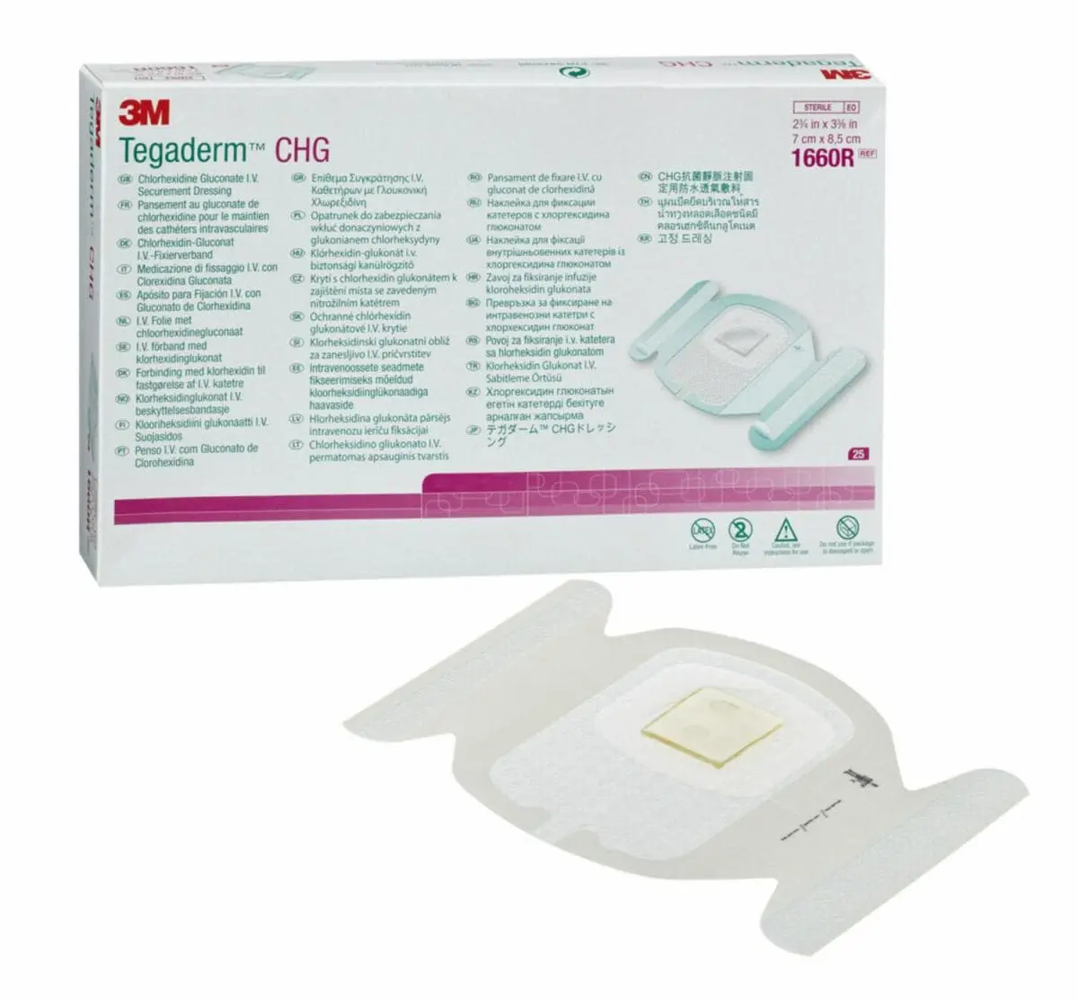 Apósito de Sujeción 3M Tegaderm 3CHG IV, 1660R, 7 cm x 8.5 cm, 25/Paquetes, 4/Caja