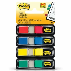 Banderitas Adhesivas Post-it, Señaladores de Página, Colores Primarios, 1.2 cm x 4.3 cm, 4 Blocs/Paquete, 35 Banderitas/Bloc