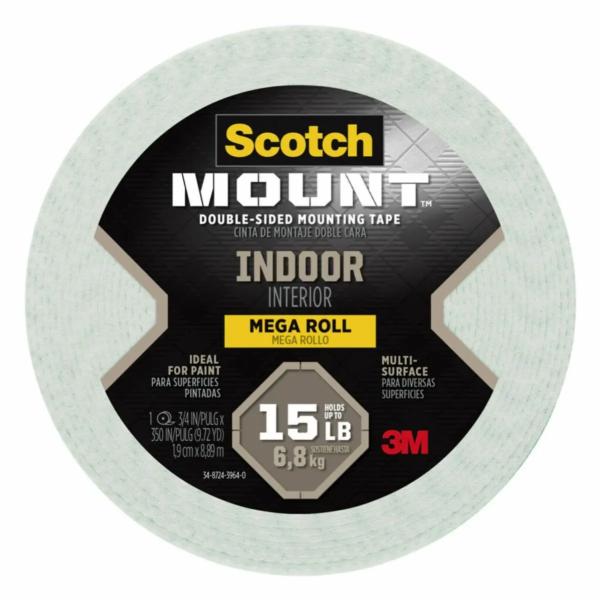 Cinta de Montaje Doble Faz Scotch-Mount para Interiores, Mega Rollo, 1.9 cm x 8.89 m