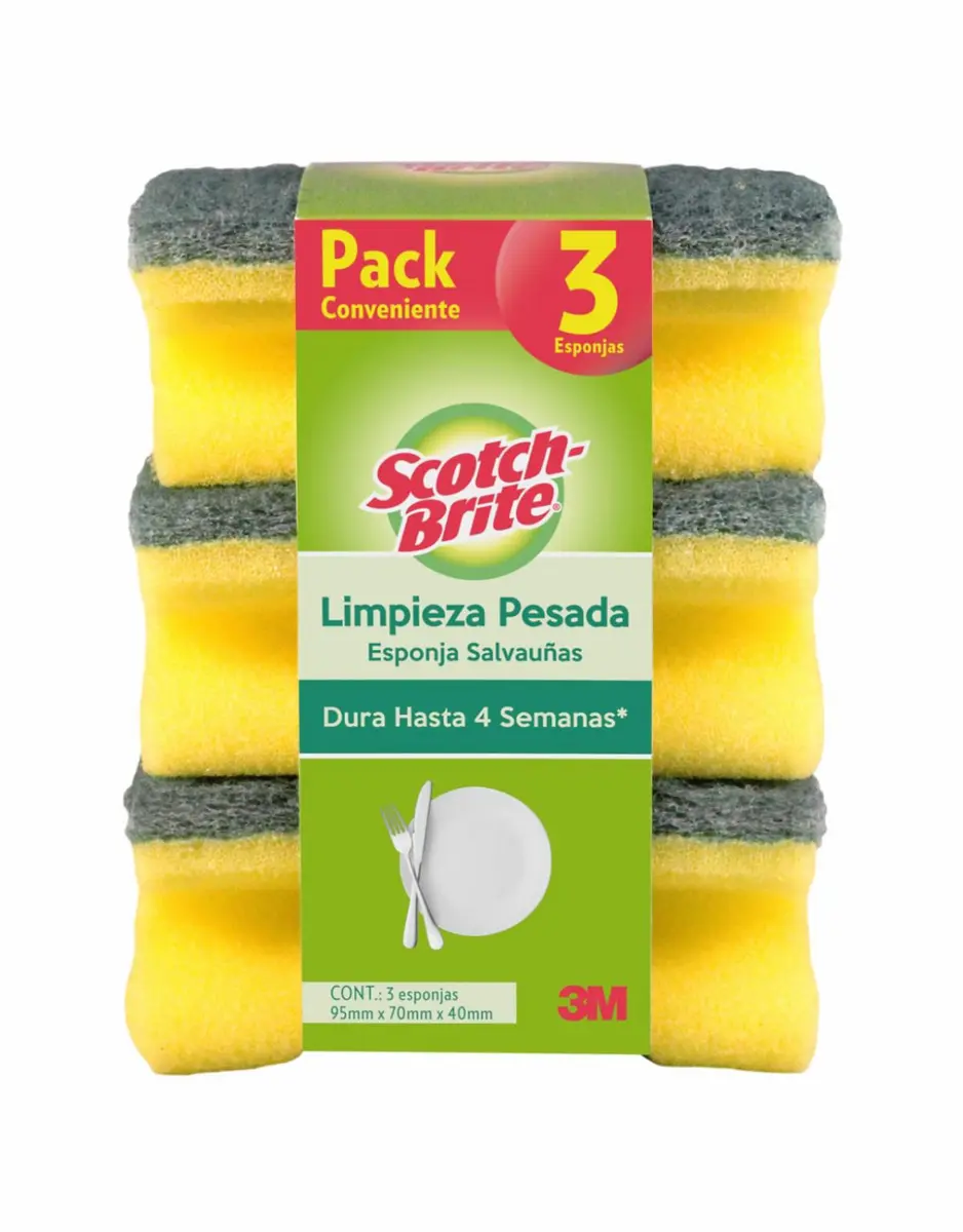 Esponja Scotch-Brite SalvaUñas, Limpieza Pesada, 95 mm x 70 mm, 3/Paquete