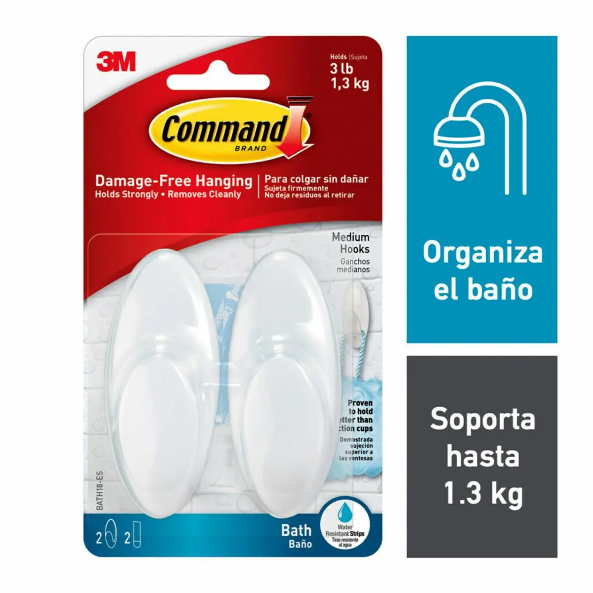 Gancho para Baño Command con Tiras Impermeables, Mediano, Blanco