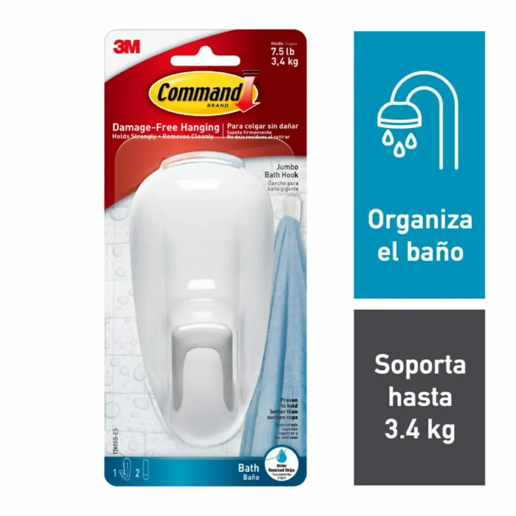 Gancho Command® Grande para Baño, con Tiras Resistentes al Agua, Blanco