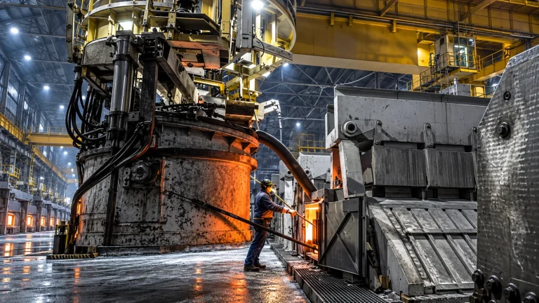 Interior de una planta metalúrgica recreado con IA, con maquinaria industrial y un operario junto a una abertura incandescente.