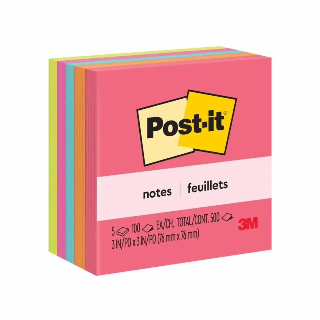 Notas Post-it® Colección Ciudad del Cabo, Neón, 76 mm x 76 mm, 1 Paquete/5 Blocs, 1 Bloc/ 100 Hojas