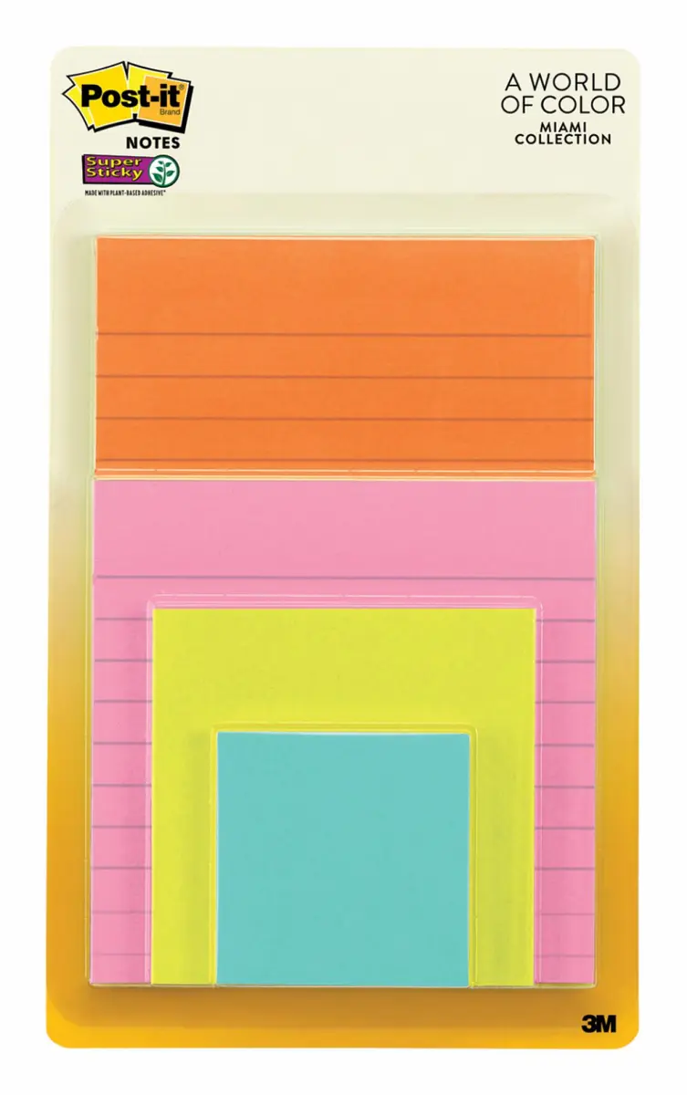 Notas Super Adhesivas Post-it, Colección Miami, Multi Tamaños, 4 Bloques/Paquete, 45 Hojas/Bloque