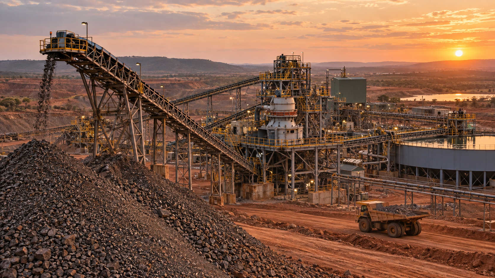 Planta de procesamiento de minerales en África subsahariana al atardecer. Imagen editorial ilustrativa.