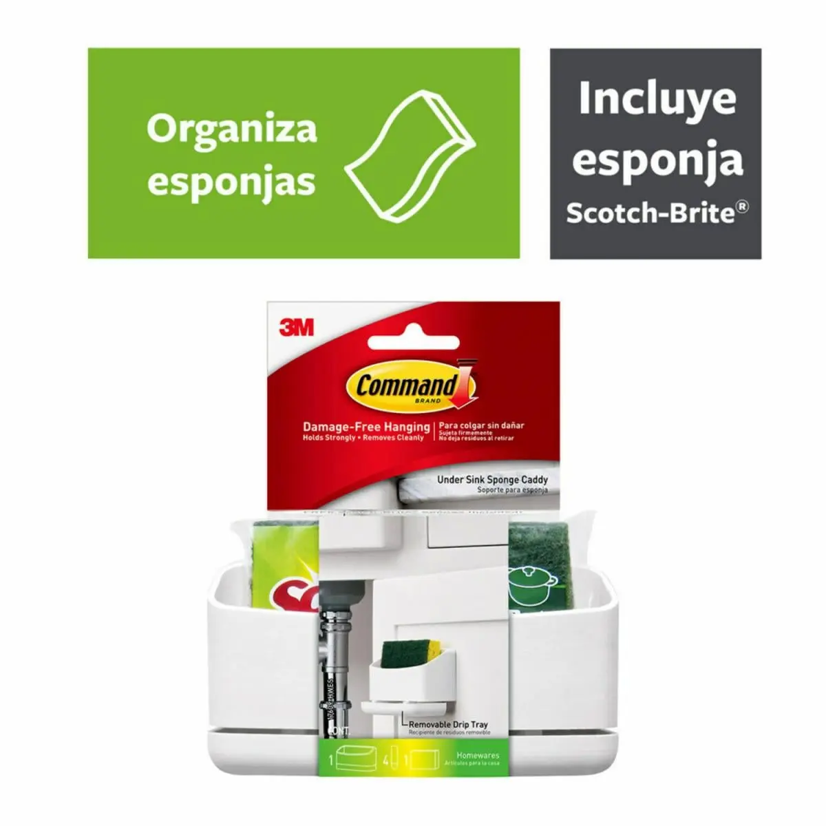 Sujeta Esponjas de Cocina Command, Blanco
