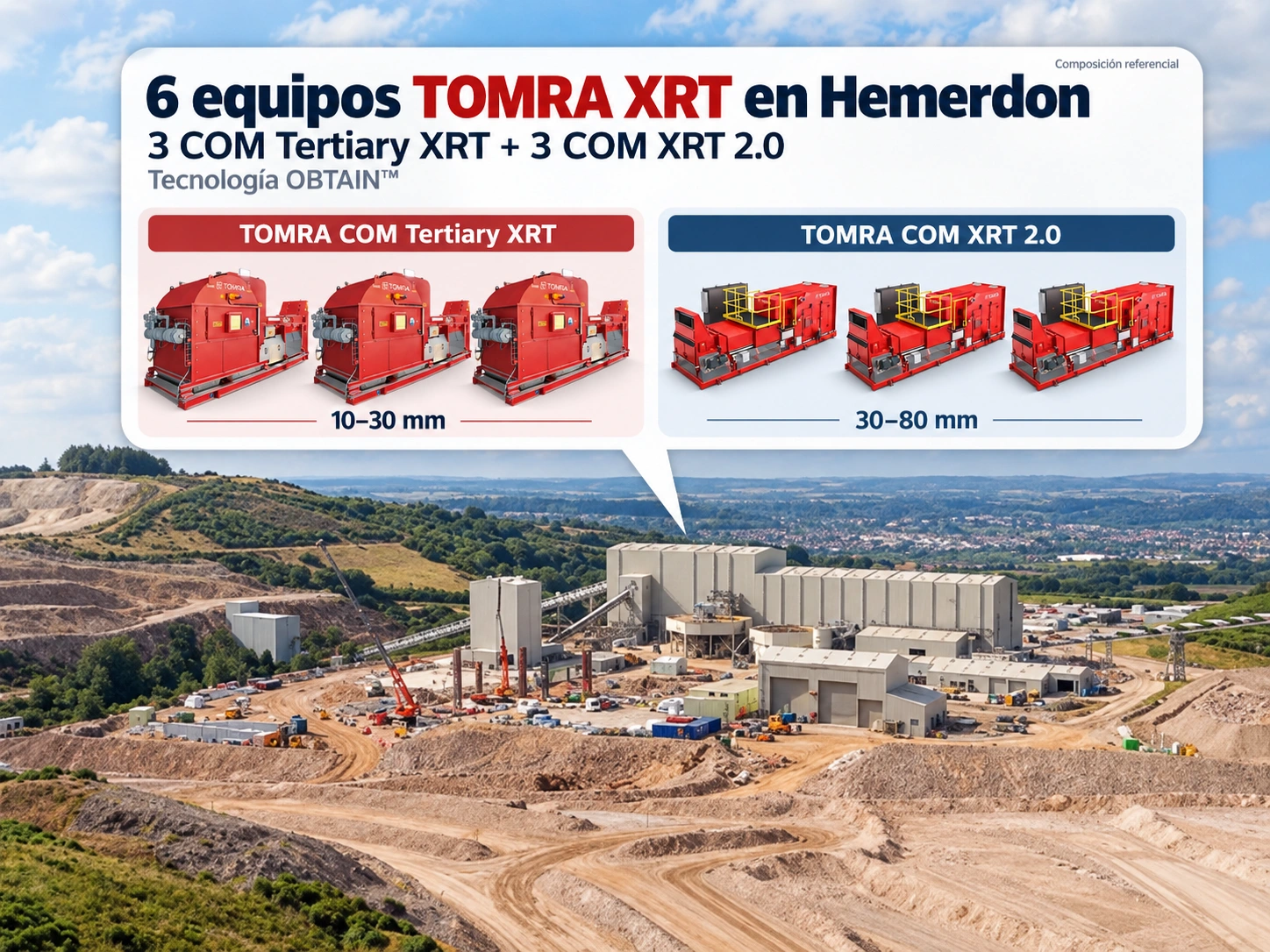 Imagen referencial generada mediante IA. Planta de procesamiento con equipos de clasificación tipo XRT y cintas transportadoras en un entorno industrial, sin marcas ni personas identificables.