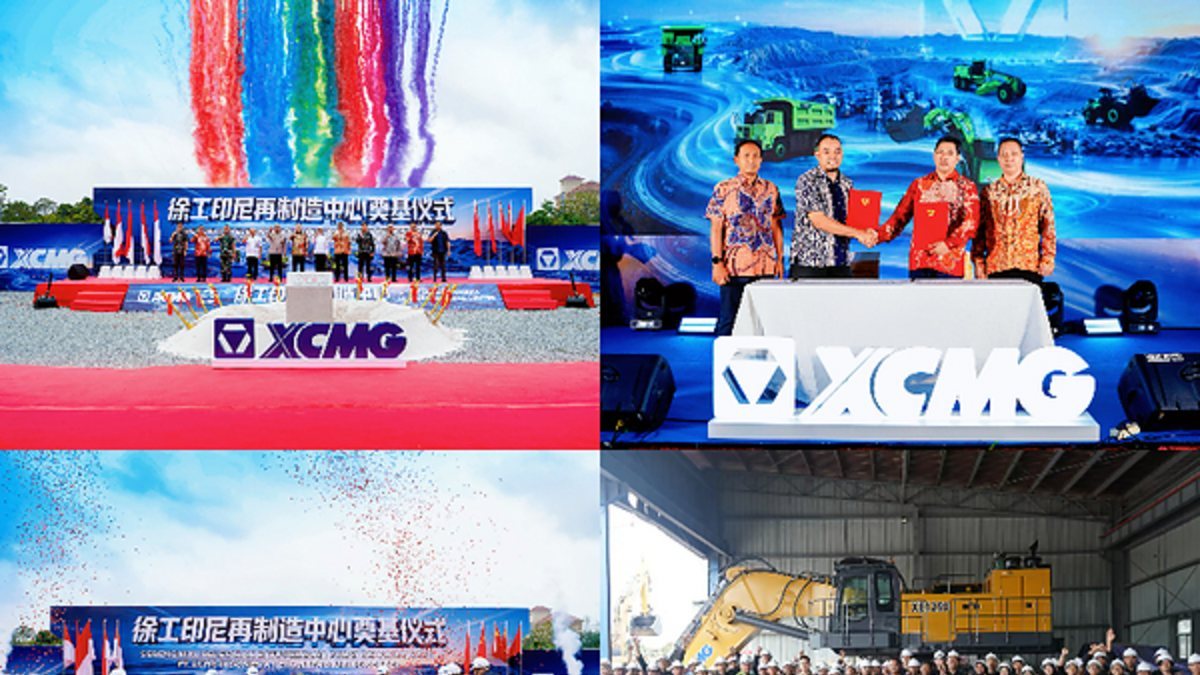 Fotografías corporativas de XCMG relacionadas con la ceremonia de primera piedra de su centro de remanufactura en Indonesia; no muestran el centro terminado.
